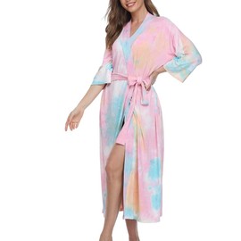 Women's Soft Robes Lightweight Kimono Loungewear Long Nightgown Knit Bathrobe Casual Sleepwear Pajamas with Pockets, Tie-Dyed Blue and Orange Large