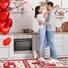 Suttmin 2 Pieces Valentine's Day Kitchen Rugs Valentine's Day Heart Gnome Truck Flower Rugs for Home Kitchen Floor Decor, 17 x 29 Inches, 17 x 47 Inches