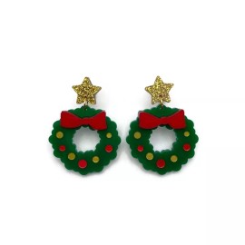 Handmade Gree Christmas Wreath Dangle Earrings, Cute Retro Style Novelty Holiday earrings