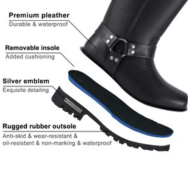 Dream Apparel Women's 8in Harness Motorcycle Boots for Riding, Square Toe Biker Boots, Waterproof Black PU Leather Mid Calf Footwear, Size 6.5