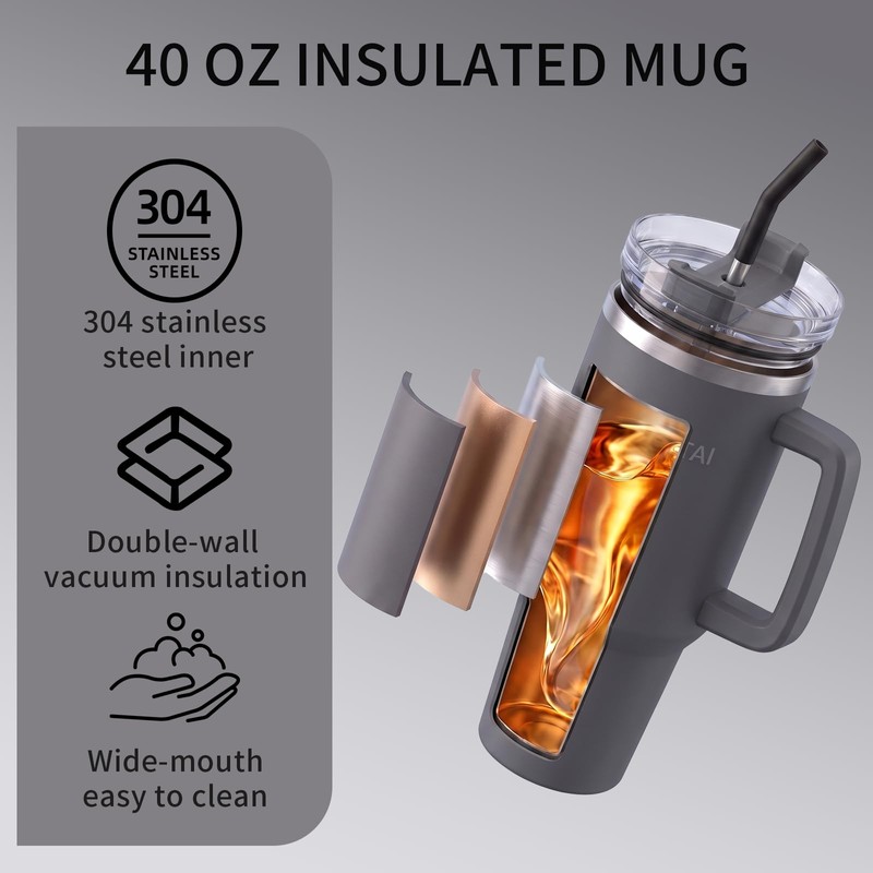 Vacuum Insulated Tumbler with Handle and Straw 40oz - Gray