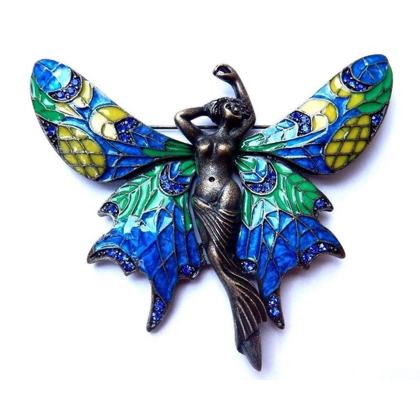 Large Bronze Fairy Brooch with Enamel & Faux Rhinestone Wings