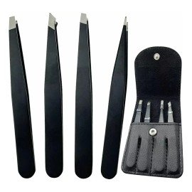 Pinzas De Cejas Profesionales De Acero Inoxidable 4 Piezas Negro Liso