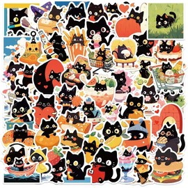 50PCS Black Cat Stickers, Vinyl Waterproof Cute Animals Sticker Set for Boys Girls Teenagers, Kawaii Cartoon Kitten for Water Bottle Journal Computer