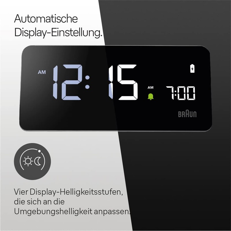 Braun Digital Alarm Clock with VA LCD Display, 10W Qi