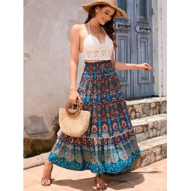 SotRong Maxi Skirt Floral Print Gypsy Skirts for Women UK Elasticated Waist Summer Boho Skirt Ladies Bohemia Long Ruffle A line Summer Dress Blue L