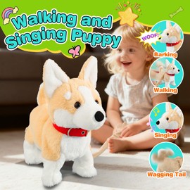 HCdoujoy Corgi Walking Dog Barking Toy, Musical Singing Dancing Volume Control Interactive Puppy Walk Along with Leash, Wagging Tail Shaking Head, Electronic Dogs Stuffed Animal Puppy for Kid