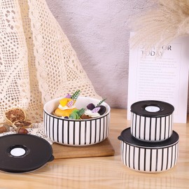 XYQXYQ 3-Piece Ceramic Bowl Set with Lids - Versatile Kitchen Storage Containers for Soup, Salad, Cereal & More - Microwave and Dishwasher Safe, Ideal for Daily Meals and Leftovers (B)