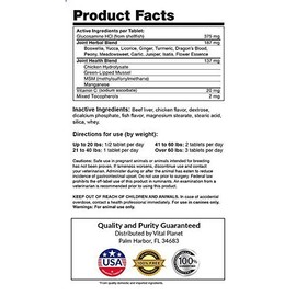Vital Planet - Natural Hip and Joint Supplement for Dogs - Potent Herbal Blend with Green Lipped Mussel, MSM and Glucosamine Beef Flavor (60 Chewable Tabs)