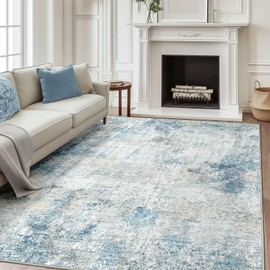 YINGSHANRED 6' x 9' Abstract Living Room Rugs Washable Area Rug - Non Slip Soft Low Pile Rug, Modern Boho Design Spill-Resistant Stain-Proof Carpet Rugs for Living Room, Bedroom, Office, Nursery Blue