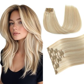 Pinkpearl Clip in Hair Extensions #27P60 Caramel Blonde Highlighted Platinum Blonde 120g 7pcs 14 inches Clip in Hair Extensions Real Human Hair Hair Extension Clip Ins(#27P60,14)