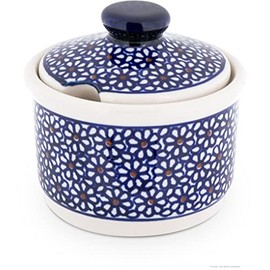 Original Bunzlauer Zuckerdose, V=0,4 Ltr. B=10,6 cm, H=9,7 cm, Retro-Dekor 120