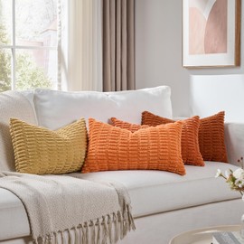 Fancy Homi - Juego de 4 fundas de cojín lumbar decorativas para sillón, cama y silla, decoración rústica, funda texturizada de pana, suave y mullida, naranja quemado a rayas, 30 x 50 cm