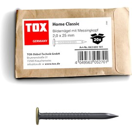 TOX Home Classic M 063600101 Picture Nail Made of Hardened Steel with Brass Head in Recyclable Paper Packaging, Size 2.0 x 25 mm, Steel Nails for Pictures for Almost All Building Materials, Pack of 20