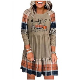 Thanksgiving Thankful Grateful and Blessed Leopard Plaid Pumpkin Mini Dress Womens Long Sleeve Color Block Ruffled Dress(Thankful/Plaid,X-Large)