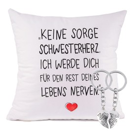 BETESSIN 45 x 45cm Kissenbezug Lustige Sprüche Kissenhülle mit 1 Paare Metall Big-Little Sis Herzförmige Schlüsselanhänger Schwestern Geschenk zum Geburtstag Weihnachten usw.