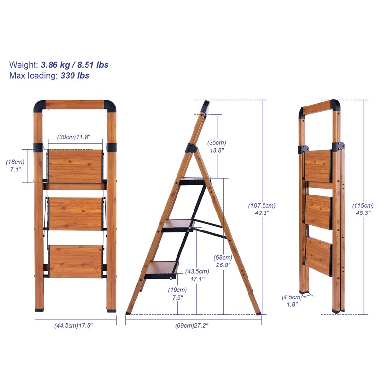 BIBKOKE Step Ladder Folding 3-Step Woodgrain Finish Aluminum Foldable Step