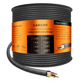 CARLITS 22 Gauge 4 Conductor Electrical Wire, 50FT Black Stranded Low Voltage 22/4 Cable PVC Case, Flexible Extension Power Cord for LED Lamp