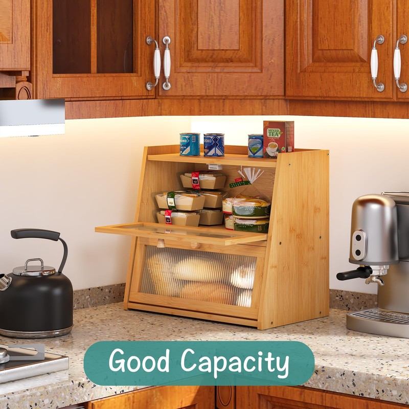 viewcare Bread Box for Kitchen Counter, Double Layer Large Bamboo