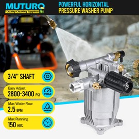 MUTURQ 3/4" Shaft Horizontal Pressure Washer Pump, Easy Adjust 2800-3400 PSI, 2.5 GPM, OEM Replacement Pump for Simpson, Honda GC 160 GC 190, Homelite, AR rmv 2.5g30