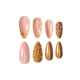 Medium Press on Nails Almond Gold French Tip Fake Nails with 3D Rhinestone Gold Chrome Designs Full Cover Stick on Nails Artificial False Nails for Women 24 Pcs (Gold-13, M-13)