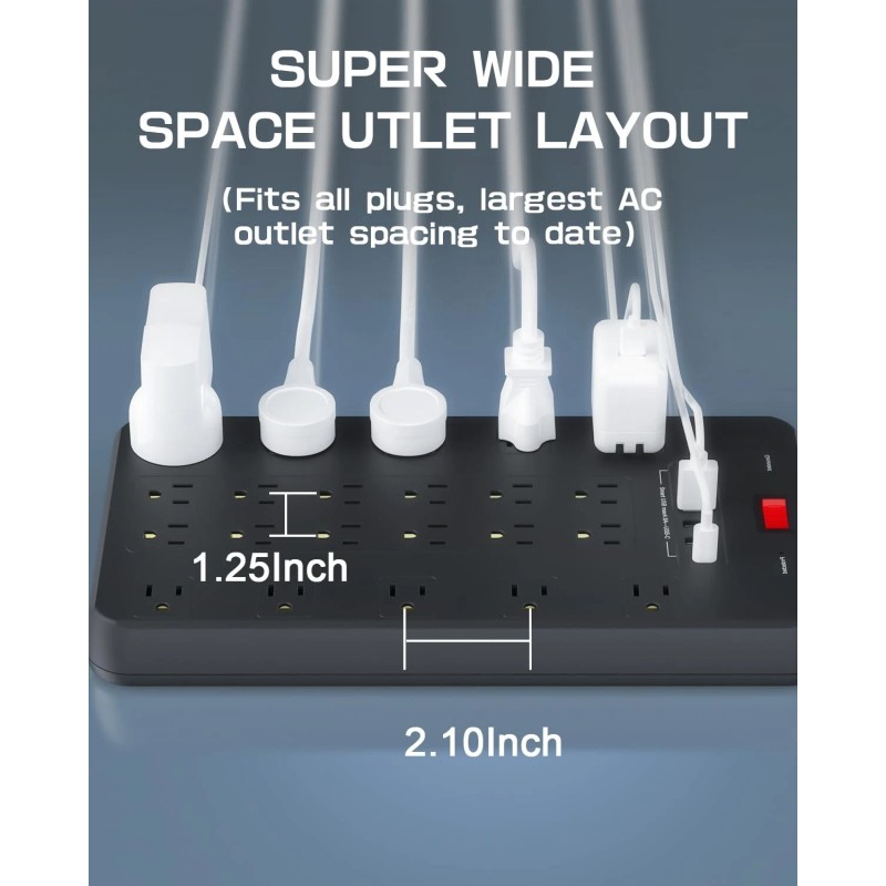 Fdtek Surge Protector Power Strip, 22 AC Multiple Outlets with