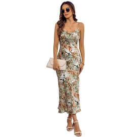 Women's Spaghetti Strap Midi Satin Silk Dresses Slip Cowl Neck Party Cocktail Evening Sexy Dress Forest Green