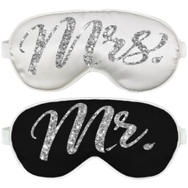 Bride & Groom Sleep Mask Gifts - Set of 2 Luxury Satin Wedding Sleep Masks (1) Mrs. White Mask & (1) Mr. Black Mask - Couples Engagement Gifts Mask(Mrs.Wht/MrBlk)