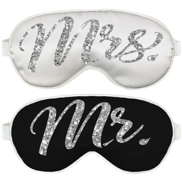 Bride & Groom Sleep Mask Gifts - Set of 2 Luxury Satin Wedding Sleep Masks (1) Mrs. White Mask & (1) Mr. Black Mask - Couples Engagement Gifts Mask(Mrs.Wht/MrBlk)