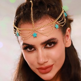 Auwoyss Turquoise Layered Head Chain Boho Star Hair Chain Forehead Festival Pendant Headpieces for Women and Girls (Gold)