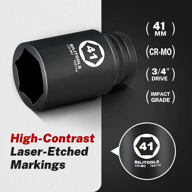 BILITOOLS 3/4" Drive Deep Impact Socket,41mm Socket Metric, 6-Point Axle