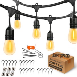 Yuhoolamp 200FT Outdoor String Lights with 60+3 Replaceable S14 Edison Bulbs 2200K, Weatherproof for Patio Outside, 2Pack Linkable, Hooks and Zip Ties Included