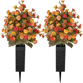 Memobloom Artificial Cemetery Flowers for Grave: 2 Pcs Fake Fall Flowers for Cemetery Orange Mums Bouquets with Vases - Outdoor Grave Decorations