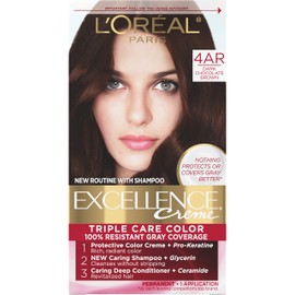 L'Oreal Paris Excellence Creme Permanent Triple Care Hair Color, 4AR Dark Chocolate Brown, Gray Coverage For Up to 8 Weeks, All Hair Types, Pack of 1