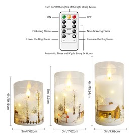Christmas Flameless Candles with Remote - White LED Candles & String Lights, with Glass casing Battery Operated Set of 3 (D3 x H4/5"/6") for Window Decor, Christmas Decorations,Living Room Decoration