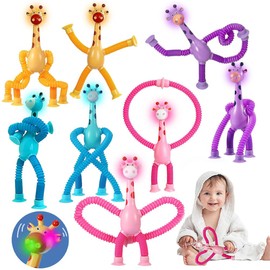 PASLFC Pack of 8 Suction Cup Toys Children Animals, LED Pop Tubes Animals, Telescopic Animals with Suction Cup, Telescopic Suction Cup Toy, Pop Tubes Animals, Telescopic Suction Cup