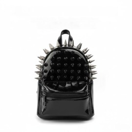 Spiked Studded Backpack, Black Patent Leather, Punk Rock Style, Front Zipper Pocket, Convertible Shoulder Straps (black ash nails)
