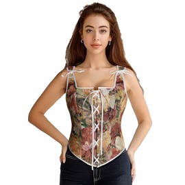 Womens Renaissance Corset Vintage Lace Up Bustier Tops Floral Overbust Corset With Zipper(Z3878PK,S)