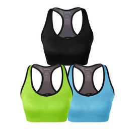 Match - Brasier deportivo para mujer, sin aros, sin costuras, acolchado, espalda cruzada, para entrenamiento, gimnasio, ropa deportiva con almohadillas para orejas extraíbles, #0001, 1 paquete de 3 (negro-verde-azul), 3G