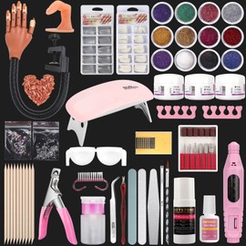 Nail Practice Hand for Acrylic Nails, Flexible Practice Nail Hand Training Kits, Movable Fake Nail Hand to Practice Fake Nails with Nail Drill, Nail Dryer Lamp, 12 Colors Acrylic Powder Beginners Kit