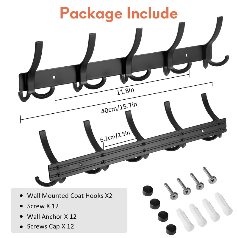 Optish Coat Rack Wall Mount, 2 Pack Coat Hooks Wall