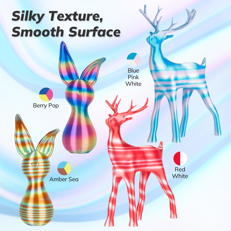 AMOLEN Silk PLA 3D Printer Filament Bundle, Shiny Multicolor Rainbow