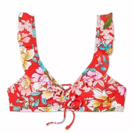 Xhilaration Women's Lace-Up Front Ruffle Sleeve Bralette Bikini Top Red Floral S