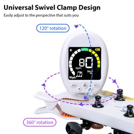 Luocute Guitar Tuner Clip On, Color Screen Display Tuner with Beat Function Guitar Accessories for Chromatic Guitar Bass Violin Ukulele (White)