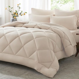 Anluoer Twin Comforter Set，Beige Bed in a Bag 5 Piece，Lightweight Bedding Set with Soft Down Alternative Fill，Bed Set Includes Comforter, Fitted Sheet, Flat Sheet，Pillowcase and Sham