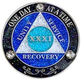 (Years 1-50) AA 31 Year Crystals and Glitter Sober Chip, Silver Color Plated Coin, Black Rainbow, Blue Glitter and Three Clear Crystals, Epoxy Covered