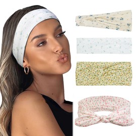 Huachi Floral Headbands for Women Non Slip, 4 Packs Elastic Head Bands for Women’s Hair, One Set Multi Styles - Fashion Hairband Hair Accessories, Soft Cloth Fabric Workout Gym Yoga Sweat Bands