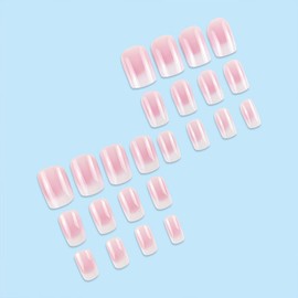 White Pink Gradient Press on Nails Short Square Nails Press Ons Cute French Tip Fake Nails Full Cover False Nails Reusable Acrylic Glue on Nails Glossy Stick on Nails for Women Girls 24 Pcs
