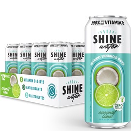 ShineWater Vitamin D Hydration Electrolyte Drink - Flavored water with electrolytes, Sugar-Free, Magnesium, Zinc, Vitamin B12, Folic Acid, Plant-Based, Low Calorie - Coconut Lime Fruit Water 12 Pack