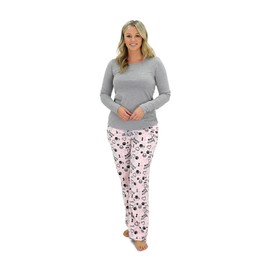 Cherokee Women's Pajama Set, Long Sleeve Cotton Top & Micro Fleece Pants, Soft & Cozy Loungewear, Pink Paws, Small